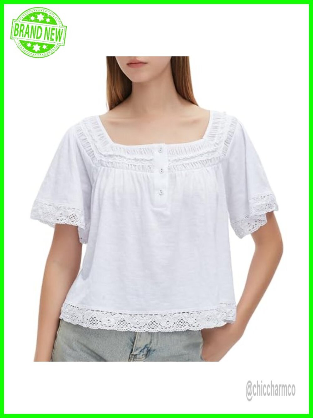 Womens 100% Cotton Lace Trim Crop Tee Short Sleeve Button Down Blouse